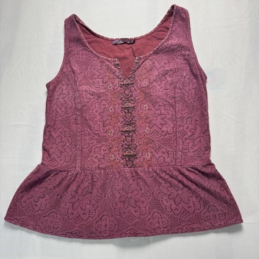 Prana Womens Berry Purple Lace Peplum Tank Top Embroidered Notch Neck Small